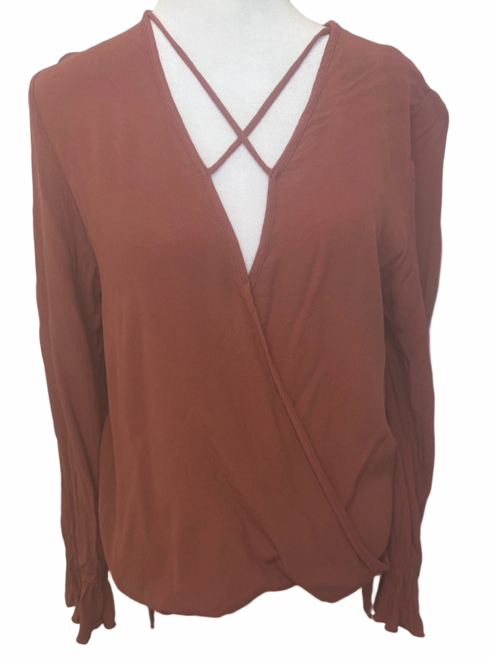 Elan Rust Terracotta Wrap Blouse Strappy Criss Cross V Neck Top LargeVGUC